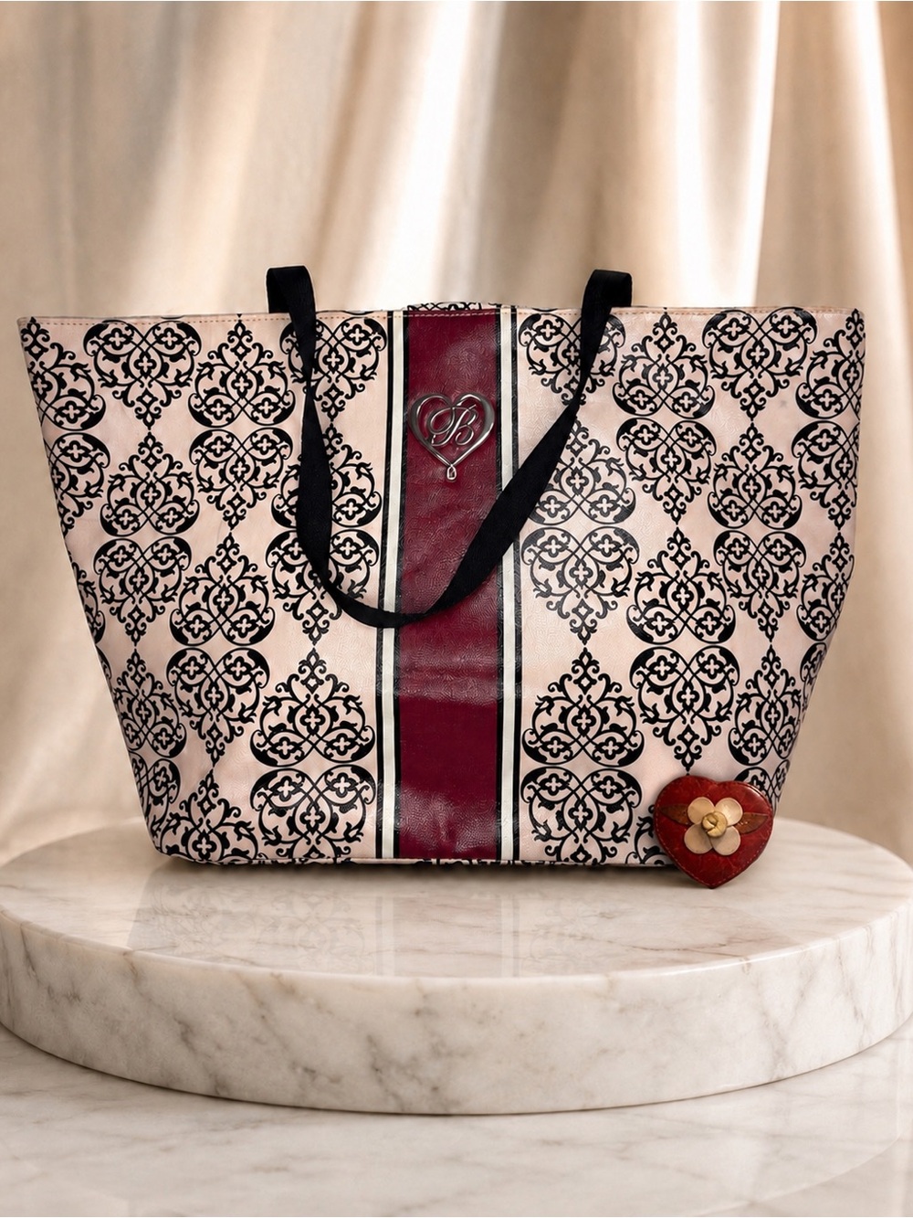 Brighton Large Damask Tote Bag Cream Black Burgundy  + Vintage Leather Mirror